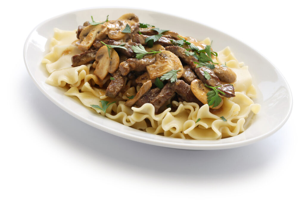 beef stroganoff with pasta, russian cuisine